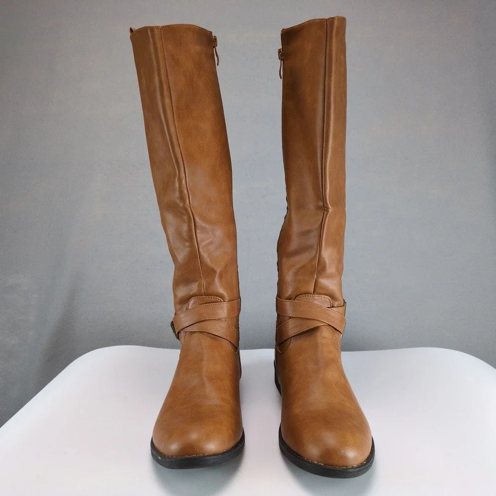 Vepose Camel Quilted Riding Boots Womens 8 Knee-High Side Zip Buckle Low Heel